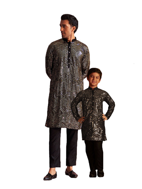 Vastramay Black Georgette Embroidered Kurta Pyjama Baap Beta Set